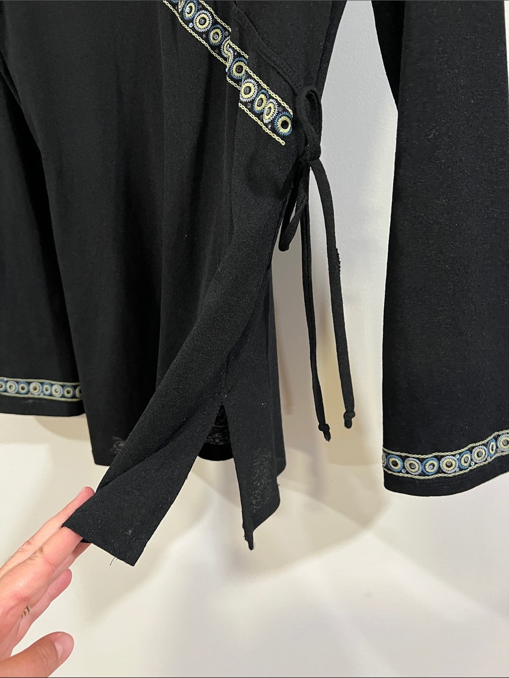 Susan Lawrence - Faux Black Wrap Top with Blue-Green Embroidered Trim, small - Picture 6 of 9